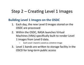 Step	
  2	
  –	
  CreaAng	
  Level	
  1	
  Images	
  
Building	
  Level	
  1	
  Images	
  on	
  the	
  OSDC	
  
1.  Each	
  day,	
  the	
  new	
  Level	
  0	
  images	
  stored	
  on	
  the	
  
OSDC	
  are	
  processed	
  
2.  Within	
  the	
  OSDC,	
  NASA	
  launches	
  Virtual	
  
Machines	
  (VMs)	
  speciﬁcally	
  built	
  to	
  render	
  Level	
  
1	
  images	
  from	
  Level	
  0	
  data.	
  
–  Each	
  Level	
  1	
  band	
  is	
  saved	
  as	
  a	
  disAnct	
  image	
  
3.  Level	
  1	
  bands	
  are	
  wriLen	
  to	
  storage	
  facility	
  in	
  the	
  
OSCD	
  for	
  long-­‐term	
  public	
  access	
  
 