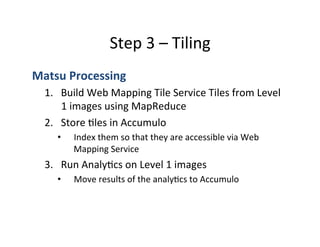 Step	
  3	
  –	
  Tiling	
  
Matsu	
  Processing	
  
1.  Build	
  Web	
  Mapping	
  Tile	
  Service	
  Tiles	
  from	
  Level	
  
1	
  images	
  using	
  MapReduce	
  
2.  Store	
  Ales	
  in	
  Accumulo	
  
•  Index	
  them	
  so	
  that	
  they	
  are	
  accessible	
  via	
  Web	
  
Mapping	
  Service	
  
3.  Run	
  AnalyAcs	
  on	
  Level	
  1	
  images	
  
•  Move	
  results	
  of	
  the	
  analyAcs	
  to	
  Accumulo	
  
 