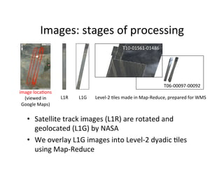 Images:	
  stages	
  of	
  processing	
  
•  Satellite	
  track	
  images	
  (L1R)	
  are	
  rotated	
  and	
  
geolocated	
  (L1G)	
  by	
  NASA	
  
•  We	
  overlay	
  L1G	
  images	
  into	
  Level-­‐2	
  dyadic	
  Ales	
  
using	
  Map-­‐Reduce	
  
image	
  locaAons	
  
(viewed	
  in	
  
Google	
  Maps)	
  
L1R	
   L1G	
   Level-­‐2	
  Ales	
  made	
  in	
  Map-­‐Reduce,	
  prepared	
  for	
  WMS	
  
T06-­‐00097-­‐00092	
  
T10-­‐01561-­‐01486	
  
 