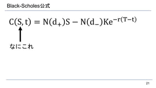 Black-Scholes公式
C S, t = N d+ S − N d− Ke−r T−t
21
なにこれ
 