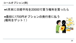 コールオプション(例)
●4月末に日経平均を20000で買う権利を買ったら
●最初に1700円オプションの発行者に払う
(権利をゲット！）
28
 