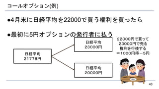 コールオプション(例)
●4月末に日経平均を22000で買う権利を買ったら
●最初に5円オプションの発行者に払う
40
日経平均
２１７７８円
日経平均
２３０００円
２２０００円で買って
２３０００円で売る
権利を行使する
＝１０００円得－５円
日経平均
２００００円
 