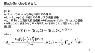 Black-Scholes公式とは
[仮定]
●𝑑𝑆𝑡 = 𝜇𝑆𝑡 𝑑𝑡 + 𝜎𝑆𝑡 𝑑𝑊𝑡 :時刻tでの株価
●𝐵𝑡 = 𝐵0 exp 𝑟𝑡 : 時刻tでの無リスク債券価格
●𝐶𝑡 : 時刻tでの満期T,行使価格KのEuropean Callオプションの価格
●市場はこの２資産からなり・売り買いが手数料なしで何回でもできる
[結論]
C S, t = N d+ S − N d− Ke−r T−t
where
𝑑± =
log
𝑆 𝑡
𝐾
+ 𝑟±
𝜎2
2
𝑇−𝑡
𝜎 𝑇−𝑡
, 𝑁 𝑥 =
1
2𝜋 −∞
𝑥
𝑒−
𝑦2
2 𝑑𝑦
5
 