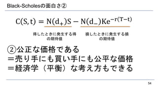 Black-Scholesの面白さ②
C S, t = N d+ S − N d− Ke−r T−t
②公正な価格である
＝売り手にも買い手にも公平な価格
＝経済学（平衡）な考え方もできる
54
得したときに発生する得
の期待値
損したときに発生する損
の期待値
 