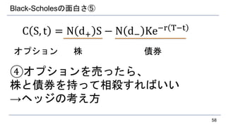 Black-Scholesの面白さ⑤
C S, t = N d+ S − N d− Ke−r T−t
④オプションを売ったら、
株と債券を持って相殺すればいい
→ヘッジの考え方
58
株 債券オプション
 