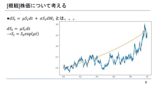 [概観]株価について考える
●𝑑𝑆𝑡 = 𝜇𝑆𝑡 𝑑𝑡 + 𝜎𝑆𝑡 𝑑𝑊𝑡 とは。。。
𝑑𝑆𝑡 = 𝜇𝑆𝑡 𝑑𝑡
→𝑆𝑡 = 𝑆0exp 𝜇𝑡
8
 