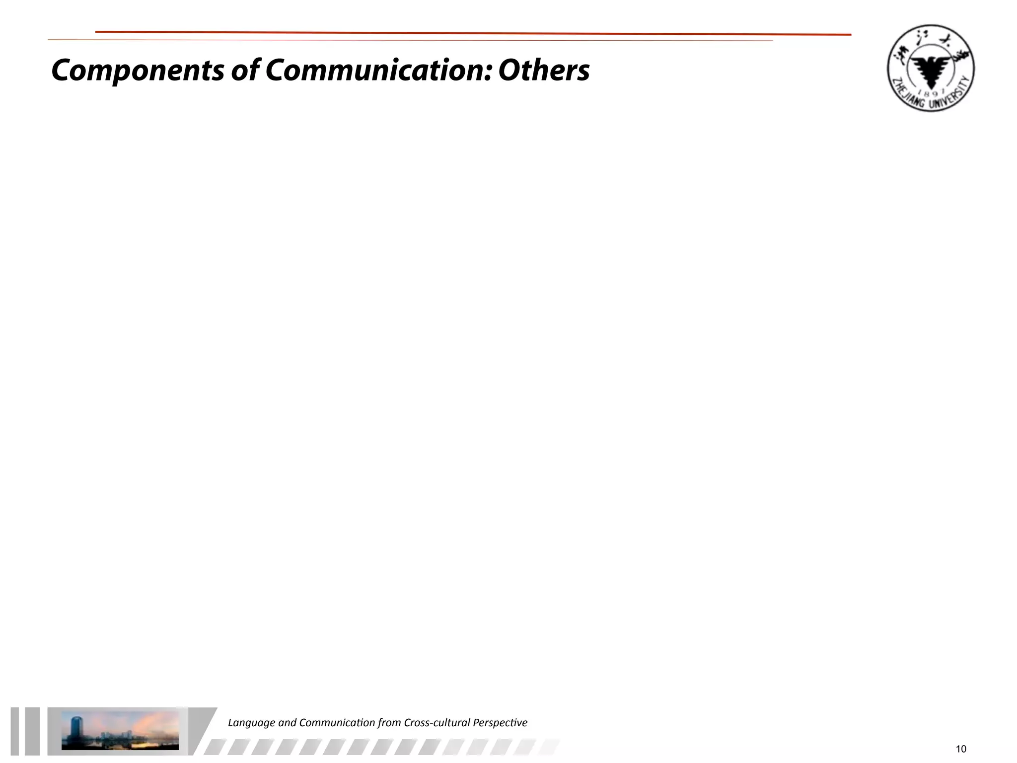 Components of Communication: Others




           Language	
  and	
  Communica.on	
  from	
  Cross-­‐cultural	
  Perspec.ve

                                                                                       10
 