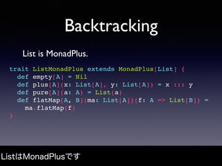 Backtracking
List is MonadPlus.
ListはMonadPlusです
trait ListMonadPlus extends MonadPlus[List] {
def empty[A] = Nil
def plus...