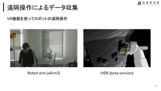 VR機器を使ってロボット 遠隔操作
遠隔操作によるデータ収集
11
Robot arm (xArm7) HSR (beta-version)
 