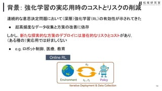 背景： 強化学習 実応用時 コストとリスク 削減
連続的な意思決定問題において（深層）強化学習（RL） 有効性が示されてきた
● 超高頻度なデータ収集と方策 改善に依存
しかし，新たな探索的な方策 デプロイに 潜在的なリスクとコストがあり，
（ある種 ）実応用で 好ましくない
● e.g. ロボット制御，医療，教育
14
 