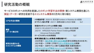 研究活動 概観
サービスロボットへ 利用を意識したロボット学習手法 開発・実システム構築を通じた
実証（データ）・研究を促進するエコシステム構築 3方向に取り組む
3
コアな手法 開発
研究を加 させる
エコシステム 構築
実証
（データ・実応用）
・メタ模倣学習 2020/10：英文誌Frontiers in Robotics & AI採録
・オフライン強化学習 2021/1：国際会議ICLR2021採録 など
・家庭内ロボットシステム 構築・検証
2020/12：RCJ2020テクニカルチャレンジ優勝・総合準優勝
2021/9 ：WRS2020 Partner Robot Challenge準優勝
（Advanced Robotics採録）
・サービスロボット 共同研究 など
・教育活動を通じた人材育成（仲間を増やす）
2020年度〜：強化学習に関する自主講義を夏冬2回開始(約300名/年)
2021年度〜：工学部・工学系でロボット学習系 PBLを開講
2021年度〜：世界モデルに関する講義を開講（受講者募集中）
ロボットシステム入門教材（ルンバハック）をOSSとして開発
・ロボット学習分野コミュニティ形成 2020/8：TRAILとして組織化
 