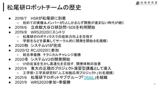 松尾研ロボットチーム 歴史
● 2018/7 HSRが松尾研に到着
○ 初めて 実機＆メンバーが3人しかおらず開発が進まない時代が続く
● 2019/6 立命館大谷口研訪問・SDEを利用開始
● 2019/8 WRS2020にエントリ
○ 松尾研 ロボティクスで 技術力向上を目指す
○ 学部生などを募集してサークル的に開発を開始（
8名規模）
● 2020秋 システムV1が完成
● 2020/12 RCJ2020に参加
○ 総合準優勝．テクニカルチャレンジ優勝
● 2020冬 システムV2 開発開始
○ V1 反省を生かし高 化を目指す．開発体制 改善
● 2021/4 東大 正規 プロジェクト演習型講義として導入
○ 工学部・工学系研究科「人工知能応用プロジェクト」（
15名規模）
● 2021/6 松尾研下ロボットサブグループ「TRAIL」を組織
● 2021/9 WRS2020参加・準優勝 4
 