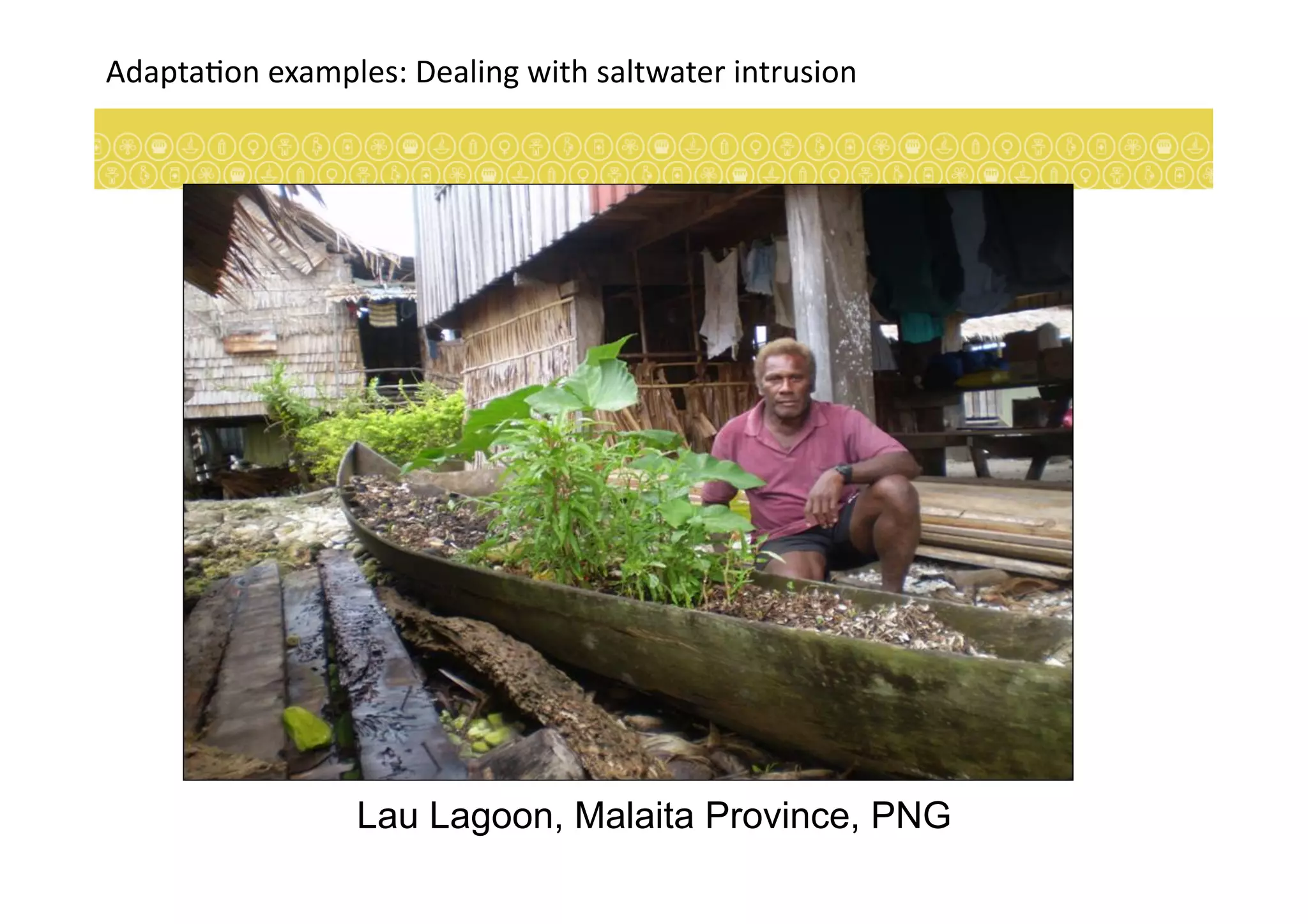 Adapta7on	
  examples:	
  Dealing	
  with	
  saltwater	
  intrusion	
  
Lau Lagoon, Malaita Province, PNG
 