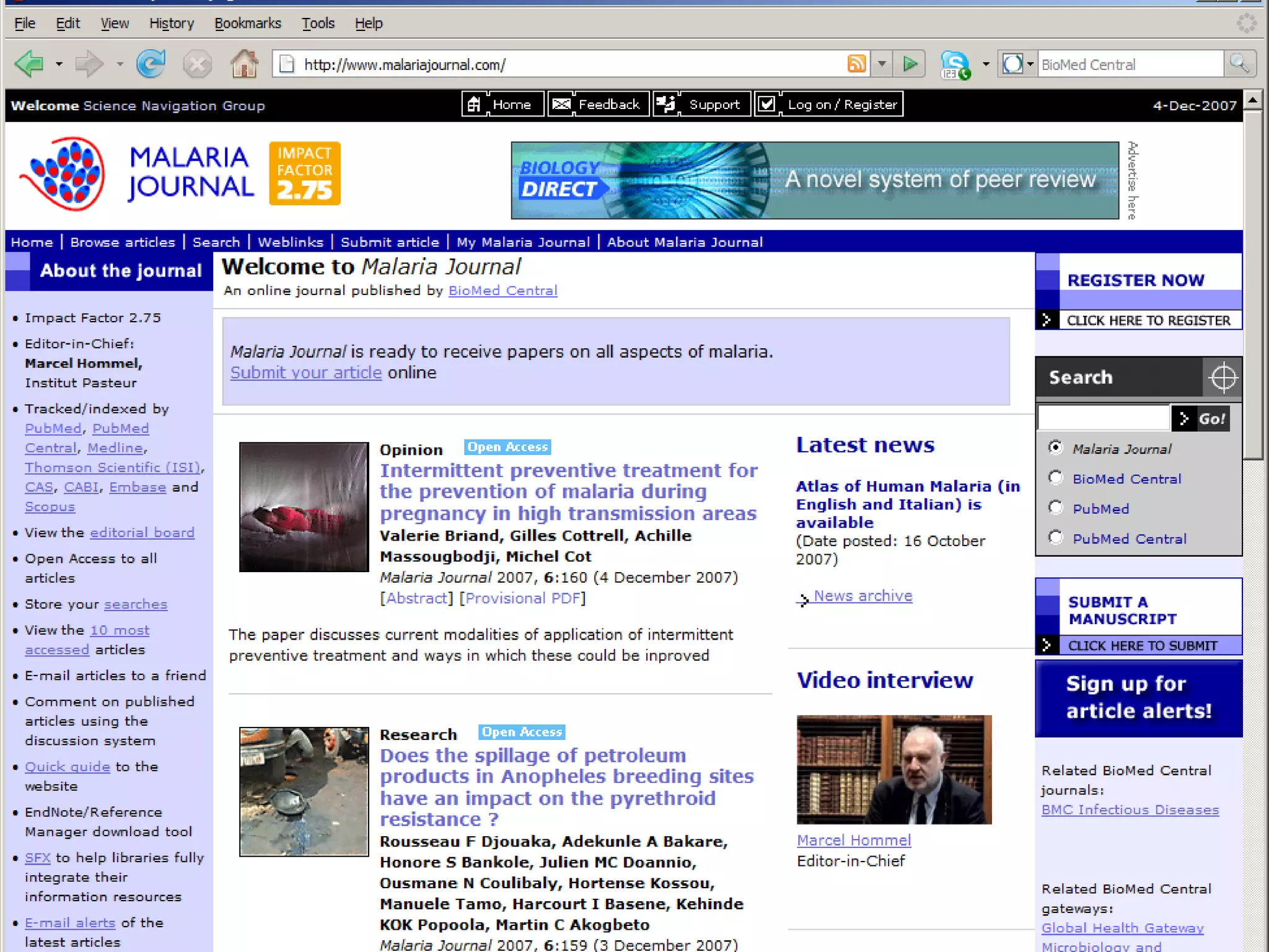 Malaria Journal home page 