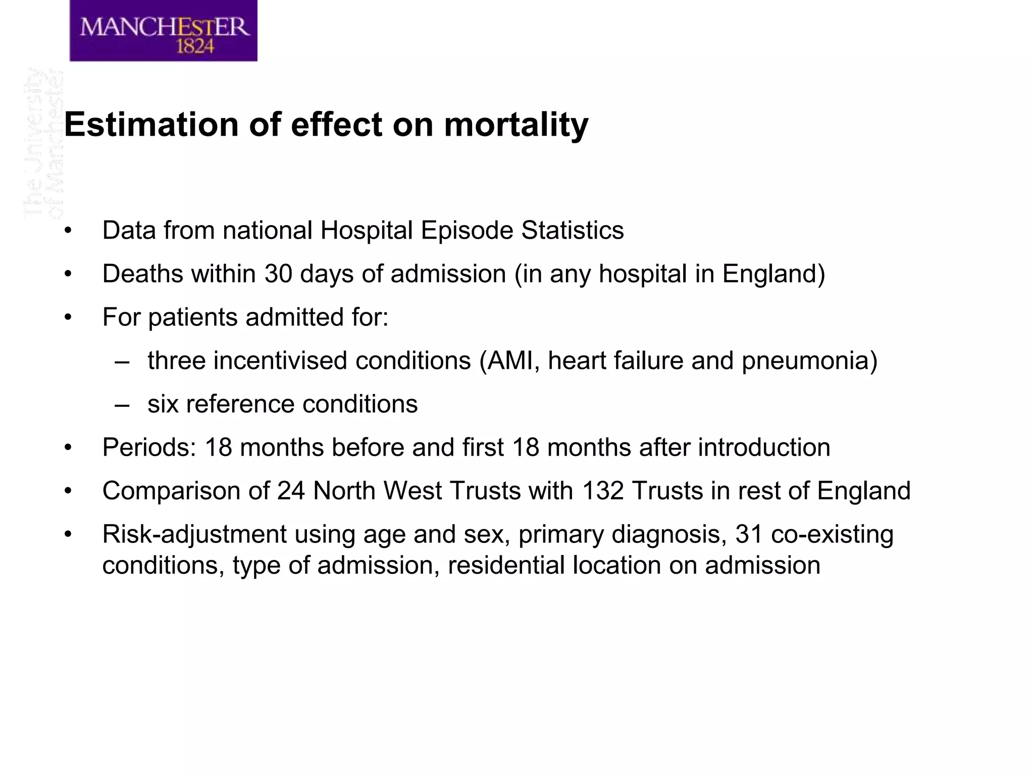 Estimation of effect on mortality

•   Data from national Hospital Episode Statistics
•   Deaths within 30 days of admission (in any hospital in England)
•   For patients admitted for:
     – three incentivised conditions (AMI, heart failure and pneumonia)
     – six reference conditions
•   Periods: 18 months before and first 18 months after introduction
•   Comparison of 24 North West Trusts with 132 Trusts in rest of England
•   Risk-adjustment using age and sex, primary diagnosis, 31 co-existing
    conditions, type of admission, residential location on admission
 
