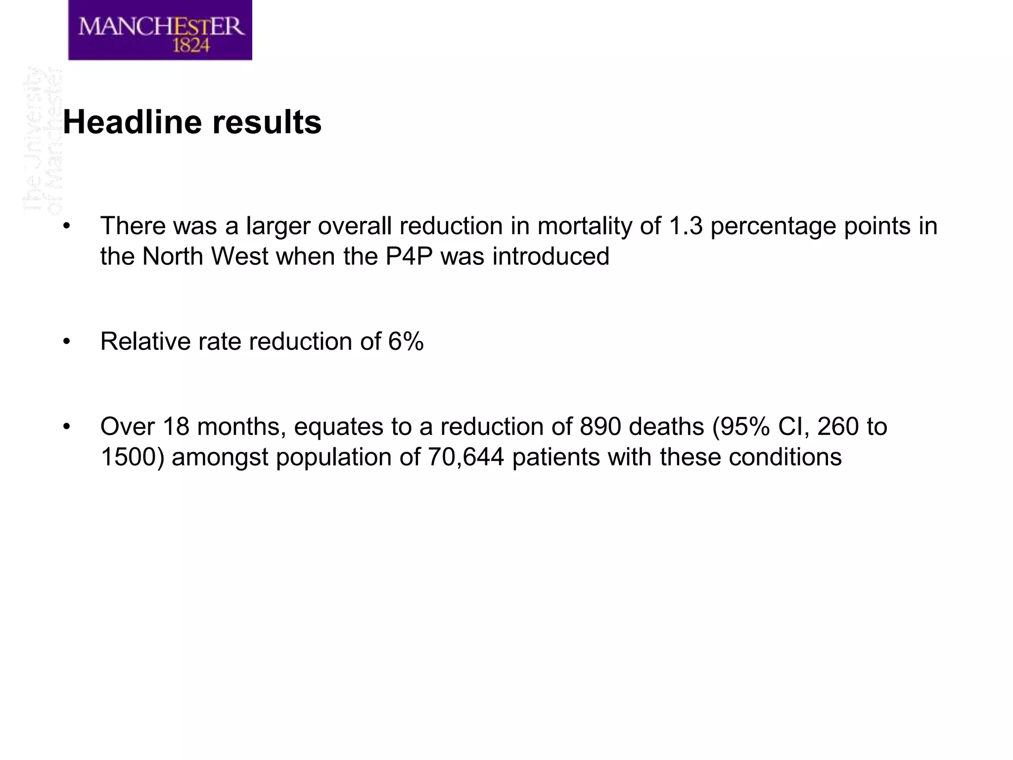 Headline results

•   There was a larger overall reduction in mortality of 1.3 percentage points in
    the North West when the P4P was introduced


•   Relative rate reduction of 6%


•   Over 18 months, equates to a reduction of 890 deaths (95% CI, 260 to
    1500) amongst population of 70,644 patients with these conditions
 