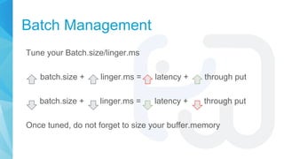 Batch Management
Tune your Batch.size/linger.ms
batch.size + linger.ms = latency + through put
batch.size + linger.ms = la...