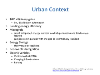 Urban Context
• T&D efficiency gains
   – i.e., distribution automation
• Building energy efficiency
• Microgrids
   – small, integrated energy systems in which generation and load are co-
     located
   – can operate in parallel with the grid or intentionally islanded
• Energy Storage
   – Utility scale or localized
• Renewables Integration
• Electric Vehicles
   – Vehicle to Grid (V2G)
   – Charging infrastructure
   – Parking

                                         Z. Ye, et al. Facility Microgrids, National Renewable Energy Laboratory
                                         http://www.nrel.gov/docs/fy05osti/38019.pdf at 1.
 