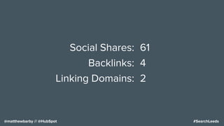 #SearchLeeds@matthewbarby // @HubSpot
Social Shares:
Backlinks:
Linking Domains:
61
4
2
 