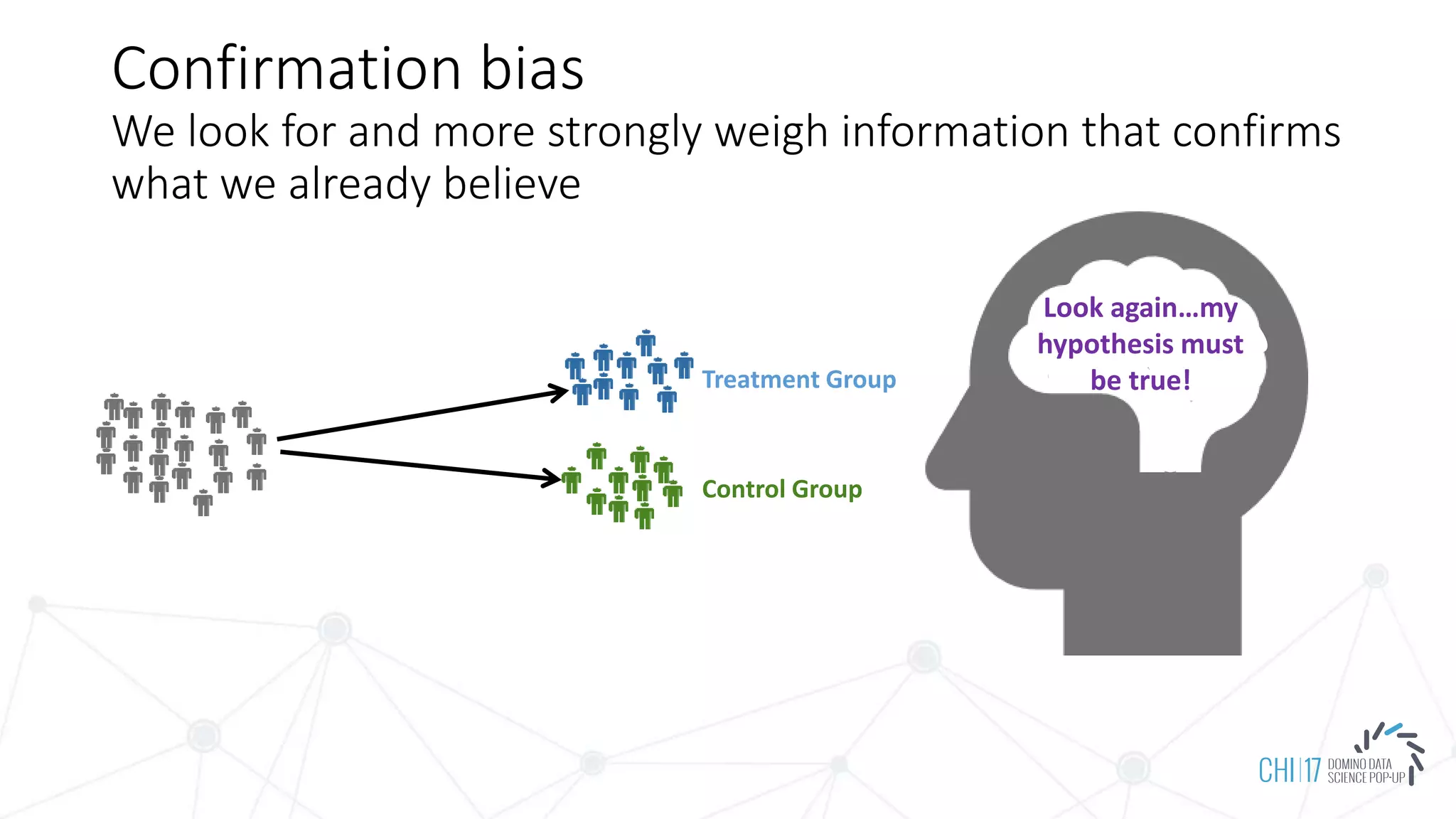 Treatment Group
Control Group
Confirmation bias
We look for and more strongly weigh information that confirms
what we already believe
Look again…my
hypothesis must
be true!
 