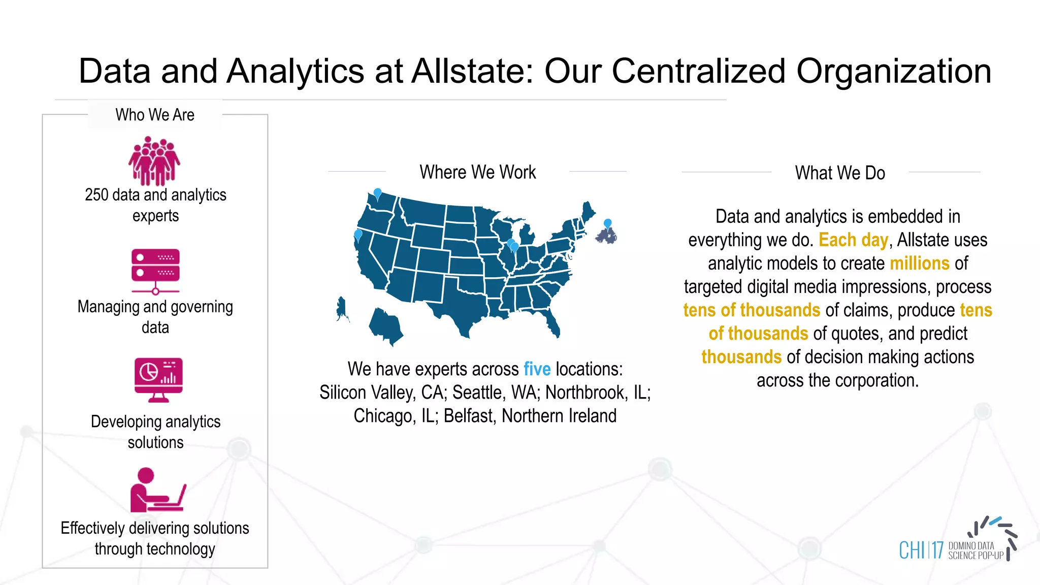 Data and Analytics at Allstate: Our Centralized Organization
Managing and governing
data
Developing analytics
solutions
Effectively delivering solutions
through technology
250 data and analytics
experts
Who We Are
We have experts across five locations:
Silicon Valley, CA; Seattle, WA; Northbrook, IL;
Chicago, IL; Belfast, Northern Ireland
Data and analytics is embedded in
everything we do. Each day, Allstate uses
analytic models to create millions of
targeted digital media impressions, process
tens of thousands of claims, produce tens
of thousands of quotes, and predict
thousands of decision making actions
across the corporation.
Where We Work What We Do
 