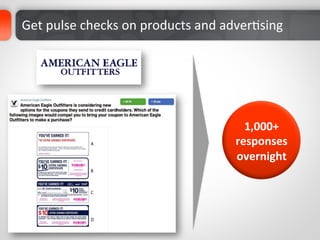 Get	
  pulse	
  checks	
  on	
  products	
  and	
  adverDsing	
  




                                                      1,000+	
  
                                                    responses	
  
                                                    overnight	
  
 