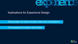 The importance of curation will increase
Implications for Experience Design
Taking insight into action through a wider lens of experience
 