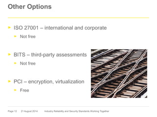 Page 12
Other Options
► ISO 27001 – international and corporate
► Not free
► BITS – third-party assessments
► Not free
► PCI – encryption, virtualization
► Free
21 August 2014 Industry Reliability and Security Standards Working Together
 
