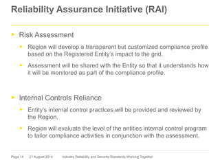 Page 14
Reliability Assurance Initiative (RAI)
► Risk Assessment
► Region will develop a transparent but customized compliance profile
based on the Registered Entity’s impact to the grid.
► Assessment will be shared with the Entity so that it understands how
it will be monitored as part of the compliance profile.
► Internal Controls Reliance
► Entity’s internal control practices will be provided and reviewed by
the Region.
► Region will evaluate the level of the entities internal control program
to tailor compliance activities in conjunction with the assessment.
21 August 2014 Industry Reliability and Security Standards Working Together
 