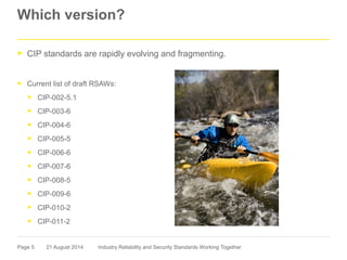 Page 5
Which version?
► CIP standards are rapidly evolving and fragmenting.
► Current list of draft RSAWs:
► CIP-002-5.1
► CIP-003-6
► CIP-004-6
► CIP-005-5
► CIP-006-6
► CIP-007-6
► CIP-008-5
► CIP-009-6
► CIP-010-2
► CIP-011-2
21 August 2014 Industry Reliability and Security Standards Working Together
 