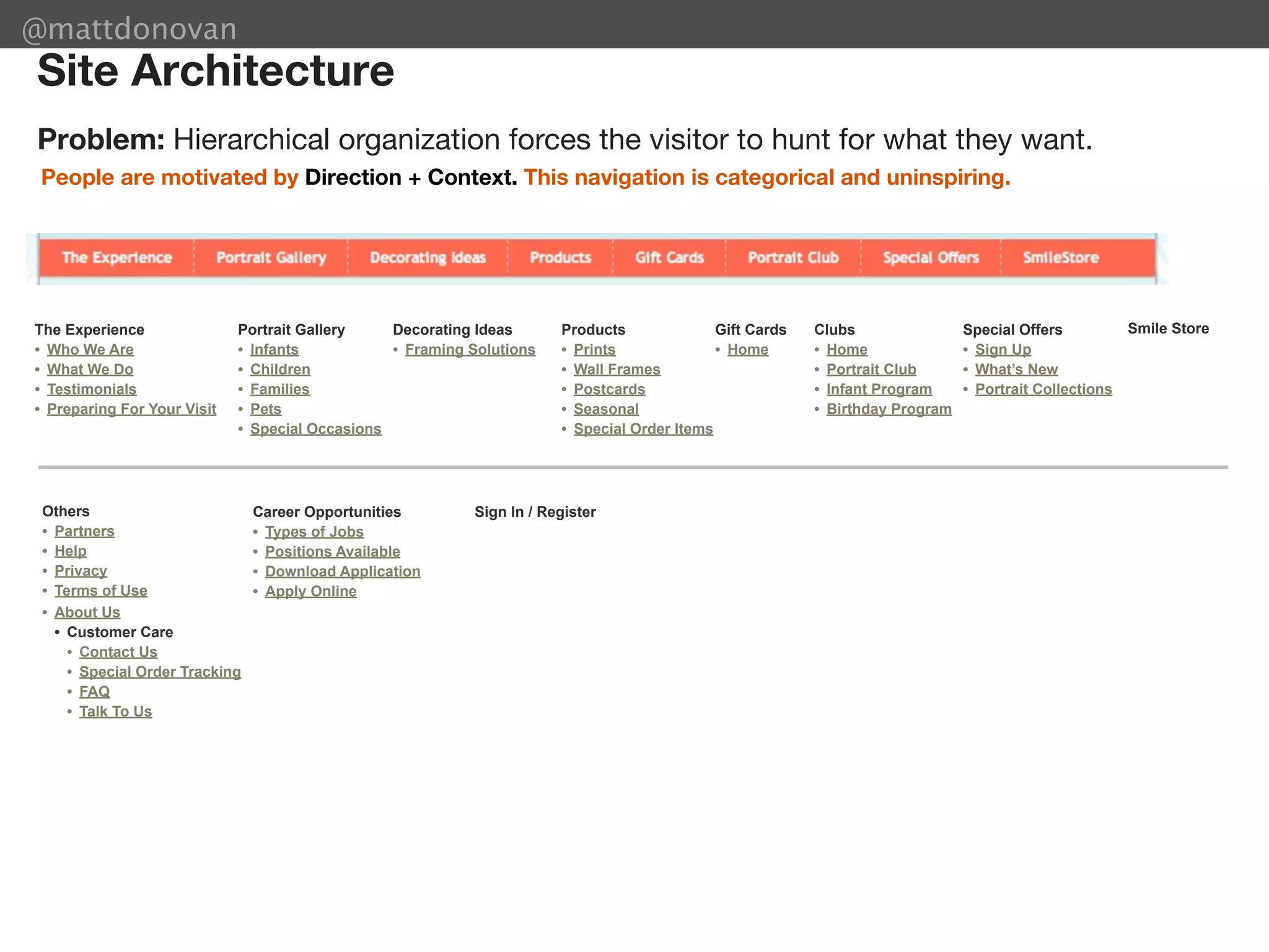 @mattdonovan
Site Architecture
Problem: Hierarchical organization forces the visitor to hunt for what they want.
 People are motivated by Direction + Context. This navigation is categorical and uninspiring.




The Experience               Portrait Gallery    Decorating Ideas      Products              Gift Cards   Clubs                Special Offers           Smile Store
• Who We Are                 • Infants           • Framing Solutions   • Prints              • Home       • Home               • Sign Up
• What We Do                 • Children                                • Wall Frames                      • Portrait Club      • What’s New
• Testimonials               • Families                                • Postcards                        • Infant Program     • Portrait Collections
• Preparing For Your Visit   • Pets                                    • Seasonal                         • Birthday Program
                             • Special Occasions                       • Special Order Items




 Others                         Career Opportunities       Sign In / Register
 • Partners                     • Types of Jobs
 • Help                         • Positions Available
 • Privacy                      • Download Application
 • Terms of Use                 • Apply Online
 • About Us
   • Customer Care
     • Contact Us
     • Special Order Tracking
     • FAQ
     • Talk To Us
 