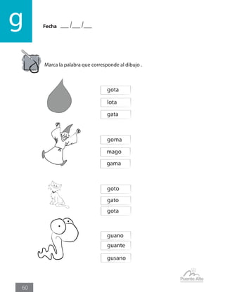 Fechag
60
Marca la palabra que corresponde al dibujo .
gato
goto
guante
guano
goma
gota
lota
gata
mago
gama
gota
gusano
 