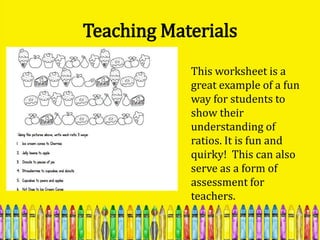 Teaching Materials
            This worksheet is a
            great example of a fun
            way for students to
            show their
            understanding of
            ratios. It is fun and
            quirky! This can also
            serve as a form of
            assessment for
            teachers.
 
