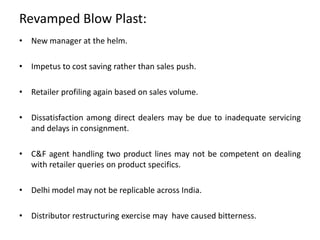 Revamped Blow Plast:
• New manager at the helm.
• Impetus to cost saving rather than sales push.
• Retailer profiling again based on sales volume.
• Dissatisfaction among direct dealers may be due to inadequate servicing
and delays in consignment.
• C&F agent handling two product lines may not be competent on dealing
with retailer queries on product specifics.
• Delhi model may not be replicable across India.
• Distributor restructuring exercise may have caused bitterness.
 