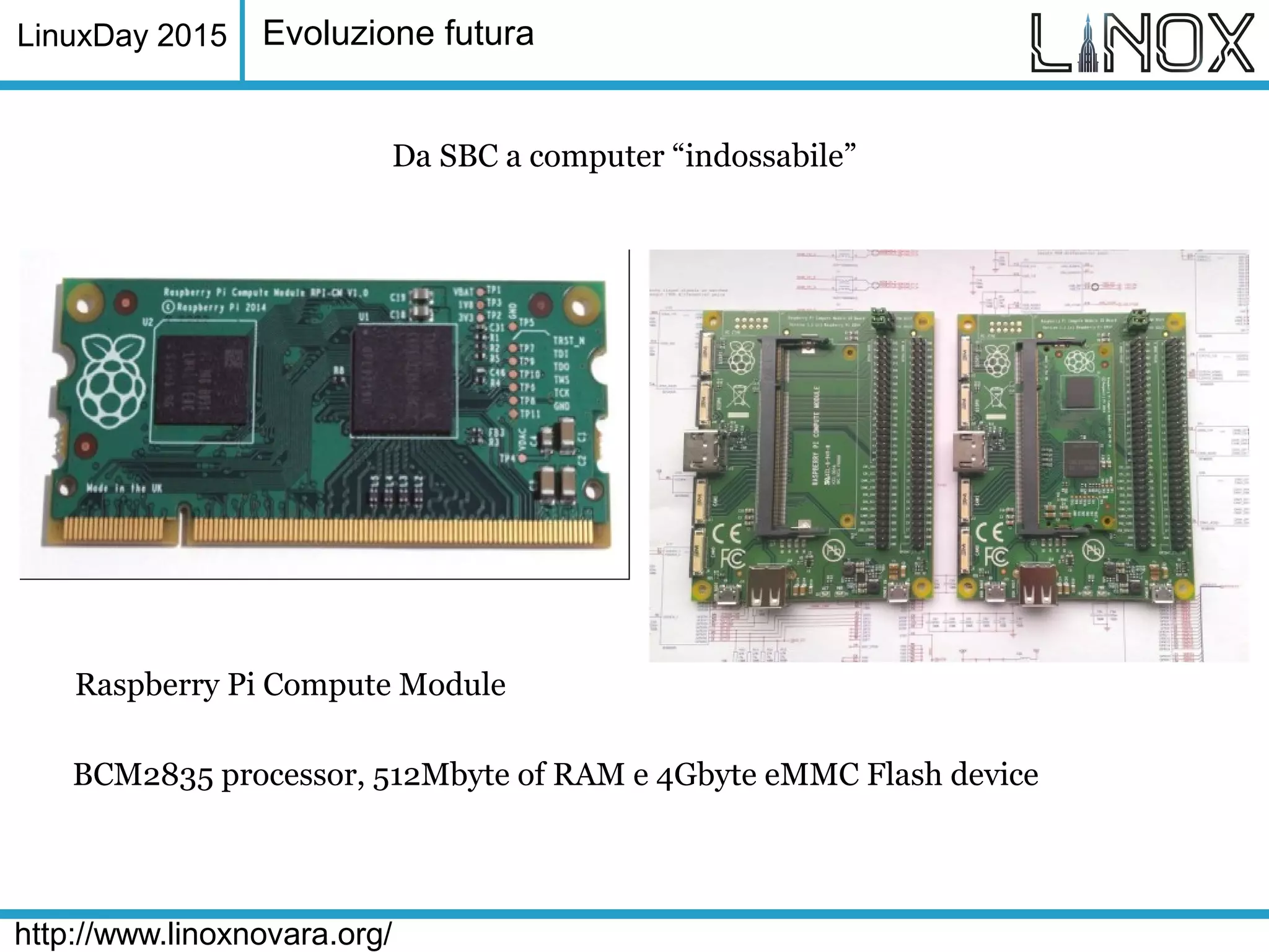 LinuxDay 2015
http://www.linoxnovara.org/
Evoluzione futura
Da SBC a computer “indossabile”
Raspberry Pi Compute Module
BCM2835 processor, 512Mbyte of RAM e 4Gbyte eMMC Flash device
 