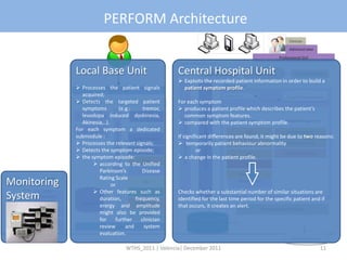 PERFORM Architecture
                                                                                                                                                                                                       Clinician

                                                                                                                                                                                                       Administrator
                                                                                                                                                                                                  Professional GUI
                                                                                        Central Hospital Unit

                           Local Base Unit                                              Central Hospital Unit                                     Login Manager                   User Database            Account Manager
                                                                                         Exploits the recorded patient information in order to build a
                                                                                                           Alert Manager
                            Processes Patient GUI
                                              the patient signals                         patient symptom profile.
                               acquired;                                                                                                                   Patient List                               Index of Processed Info
                           Local Base Unit the targeted patient
                            Detects                                                    For each symptom
                               symptoms            (e.g.:      tremor,                   produces a patient profile which describes the patient’s
                                                                                                           Clinical Decision Support Systems




                                                                                                                        Central Unit Information Handler
                               levodopa induced dyskinesia,
                            Device Controller               Scheduler                     common symptom features.




                                                                                          Central Unit Communicator
                               Akinesia,..).                                             compared with thePatient Modelling
                                                                                                              patient symptom profile.       Patient Management
                                               Information Handler

                           For Processorsymptom a dedicated
                             Test each                                                                                                                                     Gait                       Early Wearing Off
                           submodule :                    Action Tremor                 If significant differences are found, it might be due to two reasons:
                            Processes the relevant signals;                             temporarily patient behaviour abnormalityMedication Change
                                                                                                                      On – Off
                            Detects the symptomFreezing of Gait
                                                          episode;                               or                                      Stability-Worsening
                                                                                                                        LID
                            the symptom episode:                                        a change in the patient profile.
                                                               Gait
                                      according to the Unified                                                                                                           Tremor
                                         Parkinson’s           Disease
                                                             Tremor
                                                                                                                                                                    Bradykinesia

 Monitoring
Wearable
Sensors
               Logger                    Rating Scale
                                               or
                                                               LID                                                                                                 Frequent falls


 System                               Other features Activity as
                                                              such                      Checks whether a substantial number of similar situations are
              User-
            Hardware
            Interface
                                         duration,         frequency,                   identified for the last time period for the specific patient and if
                              Repository
                                         erergy and Bradykinesia
                                                           amplitude                    that occurs, it creates an alert.
           Fall Detector                                                                                                                                                             Interoperability Manager
                                         might also be Akinesia
                                                             provided
             Alert
                                         for     further      clinician
                                                                                                                      PERFORM
            Manager                      review       and
                                             Communicator       system                                                Repository
                                         evaluation.
                                                                                                                                                                                                        External Resources

                                                                     WTHS_2011 | Valencia| December 2011                                                                                                                  11
 