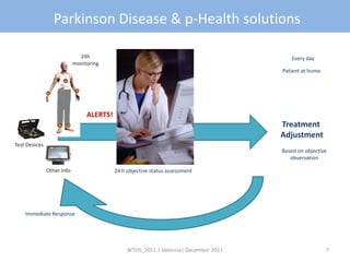 Parkinson Disease & p-Health solutions

                              24h                                                        Every day
                            monitoring
                                                                                      Patient at home




                                 ALERTS!
                                                                                      Treatment
                                                                                      Adjustment
Test Devices
                                                                                      Based on objective
                                                                                         observation

               Other Info                  24 h objective status assessment




    Immediate Response




                                                WTHS_2011 | Valencia| December 2011                     7
 