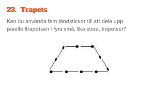 23. Trapets
Kan du använda fem tändstickor till att dela upp
parallelltrapetsen i fyra små, lika stora, trapetser?
 