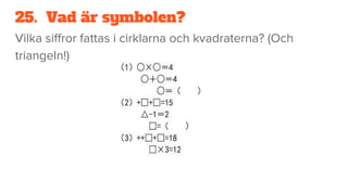 25. Vad är symbolen?
Vilka siffror fattas i cirklarna och kvadraterna? (Och
triangeln!)
 