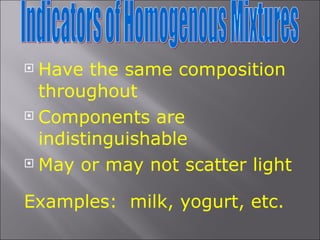 Have the same composition throughout Components are indistinguishable May or may not scatter light Examples:  milk, yogurt, etc. Indicators of Homogenous Mixtures 