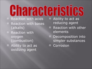 Reaction with acids Reaction with bases (alkalis) Reaction with oxygen (combustion) Ability to act as oxidizing agent Ability to act as reducing agent Reaction with other elements Decomposition into simpler substances Corrosion Characteristics 