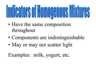 Have the same composition throughout Components are indistinguishable May or may not scatter light Examples:  milk, yogurt, etc. Indicators of Homogenous Mixtures 