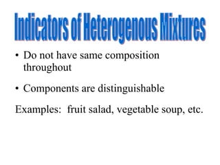 Do not have same composition throughout Components are distinguishable Examples:  fruit salad, vegetable soup, etc. Indicators of Heterogenous Mixtures 