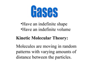 Gases Have an indefinite shape Have an indefinite volume Kinetic Molecular Theory: Molecules are moving in random patterns with varying amounts of distance between the particles. 