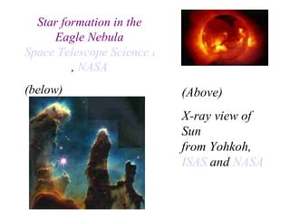 (Above) X-ray view of Sun  from Yohkoh,  ISAS  and  NASA Star formation in the Eagle Nebula Space Telescope Science Institute ,  NASA (below) 
