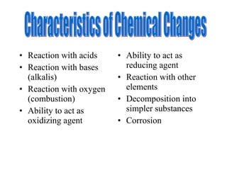 Reaction with acids Reaction with bases (alkalis) Reaction with oxygen (combustion) Ability to act as oxidizing agent Ability to act as reducing agent Reaction with other elements Decomposition into simpler substances Corrosion Characteristics of Chemical Changes 