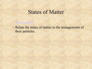 States of Matter Animation 1  Relate the states of matter to the arrangements of their particles. 