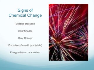 Signs of
Chemical Change
       Bubbles produced


         Color Change


         Odor Change


Formation of a solid (precipitate)


 Energy released or absorbed
 