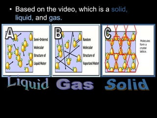 • Based on the video, which is a solid,
liquid, and gas.
 
