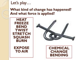 Let’s play…
What kind of change has happened?
And what force is applied?
HEAT
FREEZE
BEND
TWIST
STRETCH
SQUASH
BURN
EXPOSE
TO AIR
CHEMICAL
CHANGE
BENDING
 